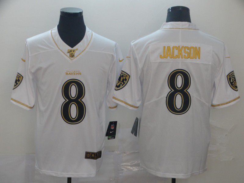 Men Baltimore Ravens #8 Jackson White Retro gold character Nike NFL Jerseys